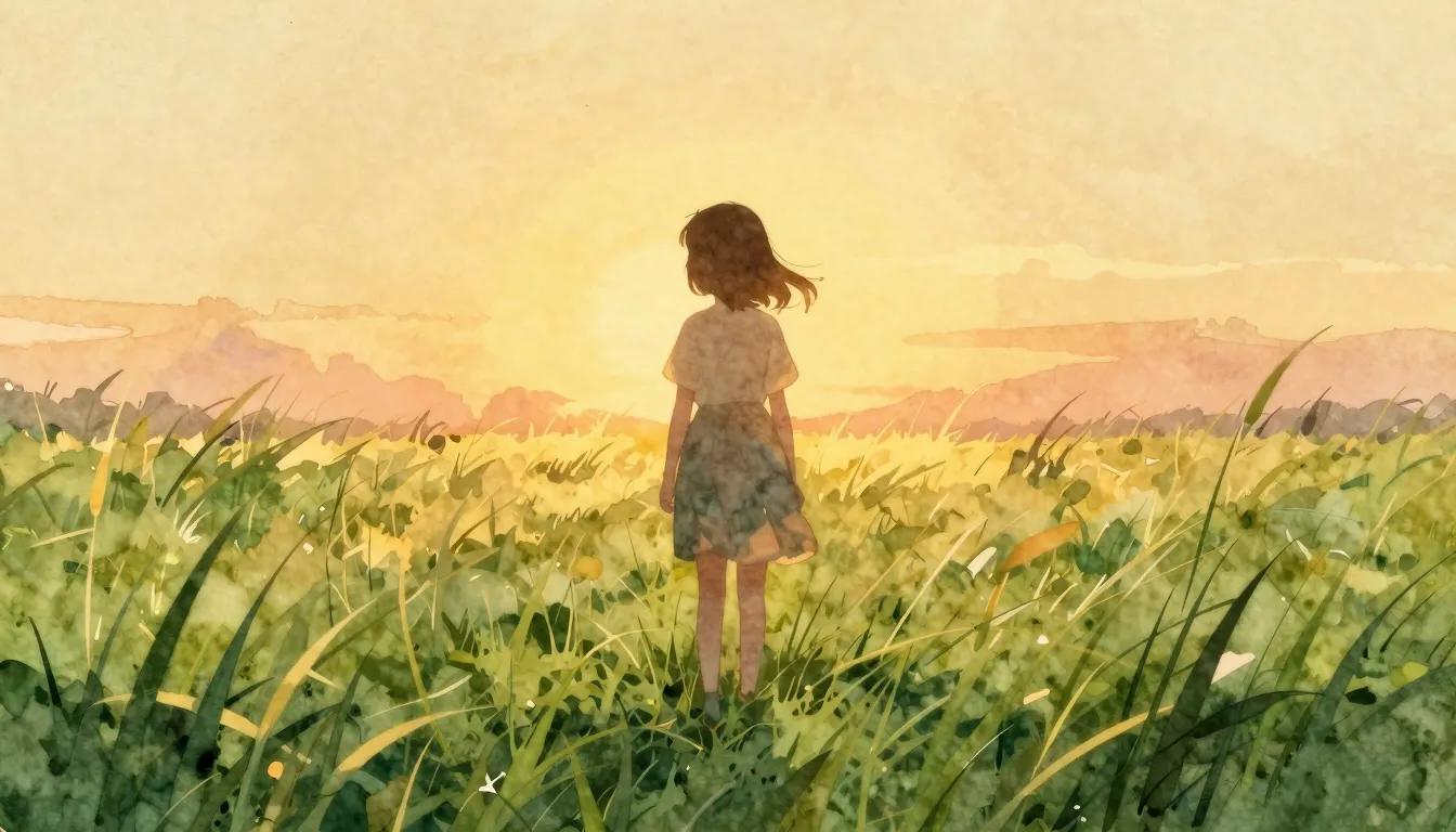 Watercolor style. A silhouette of a girl standing in a field...