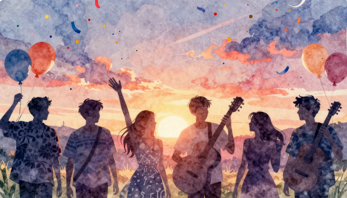 Watercolor style. Silhouettes of happy young people at an ou...