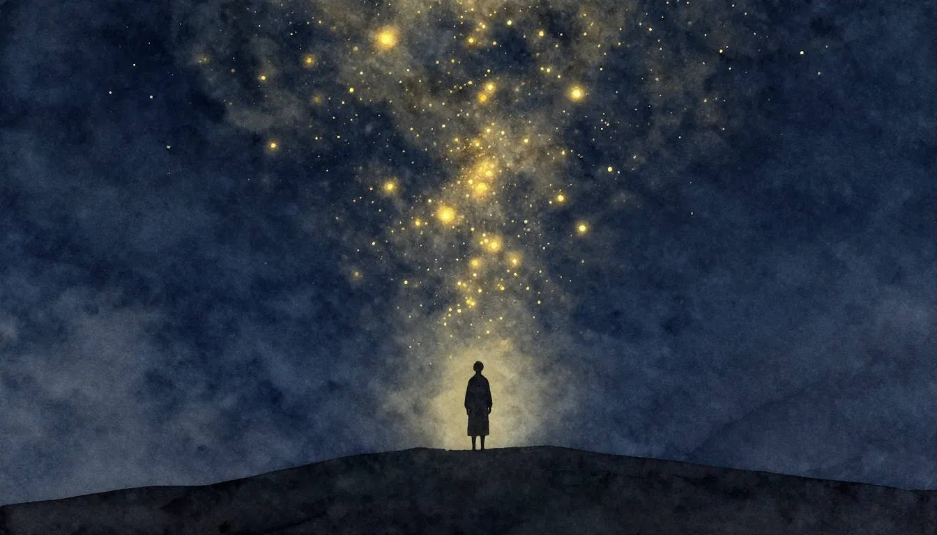 Watercolor style. A silhouette of a figure standing on a hil...