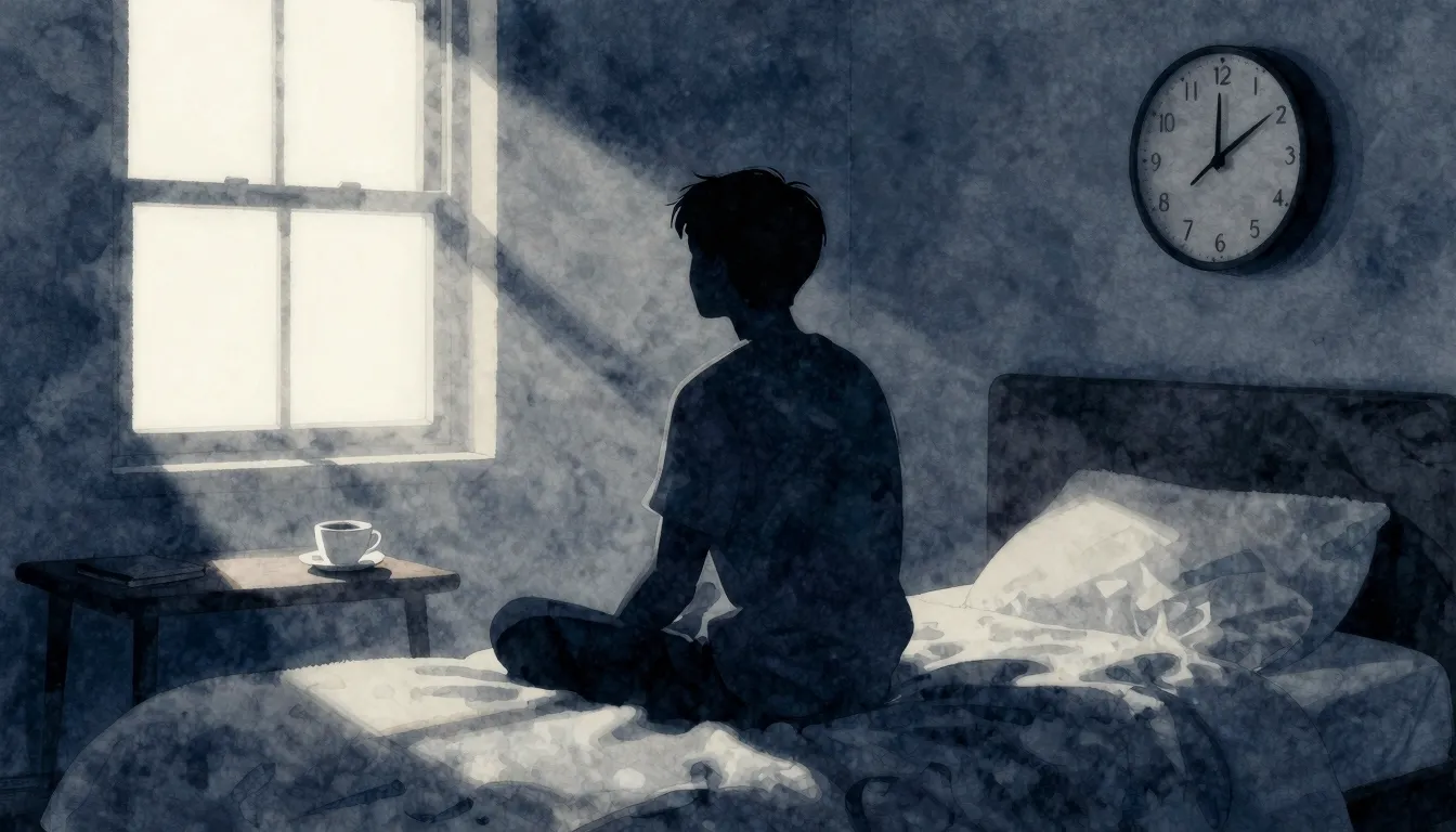 Watercolor style. Dark room silhouette sitting on a bed, mor...