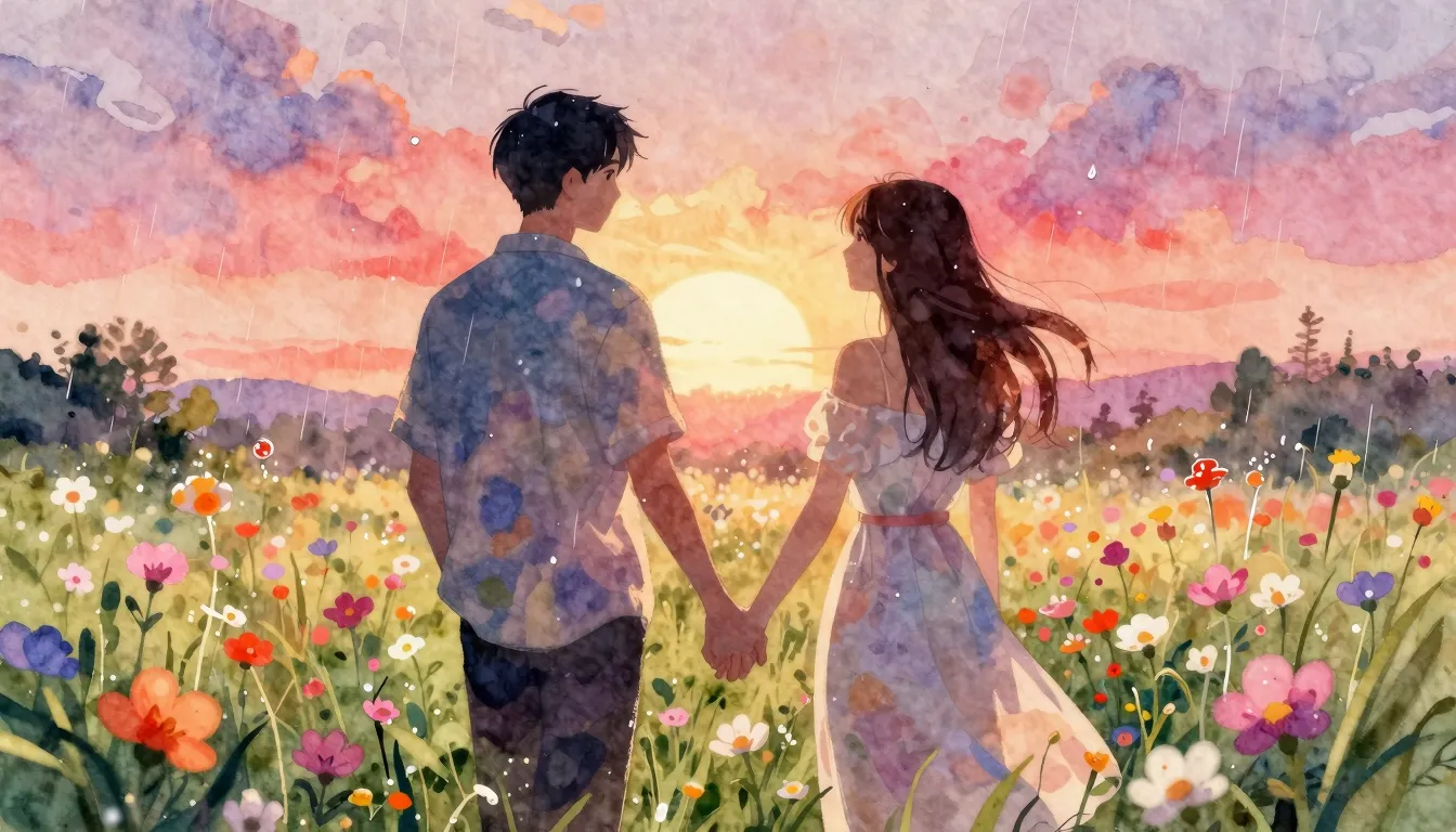 Vibrant watercolor style. Romantic pop song cover. A young c...