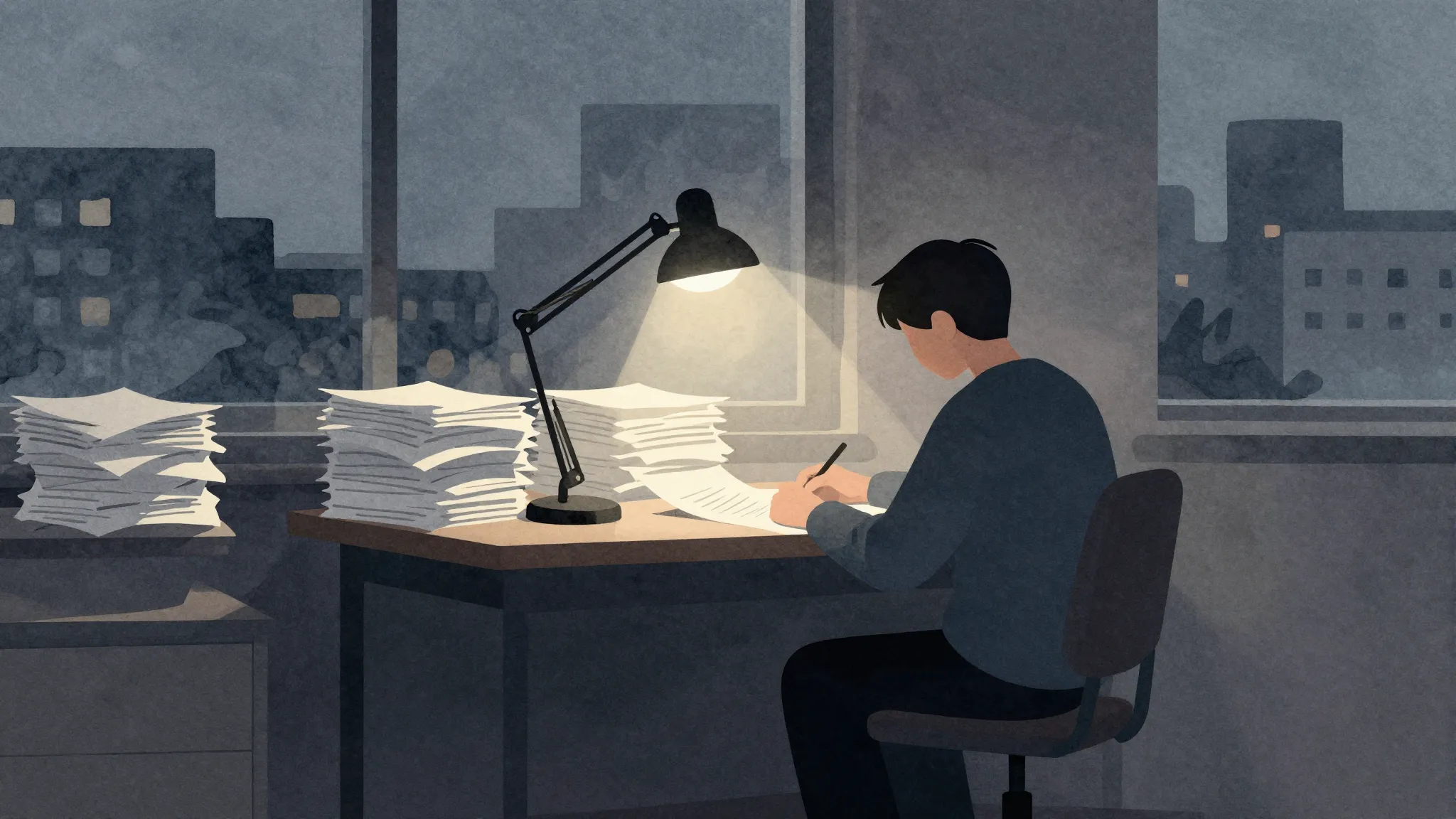 Watercolor style. A lone figure sits at a desk piled high wi...