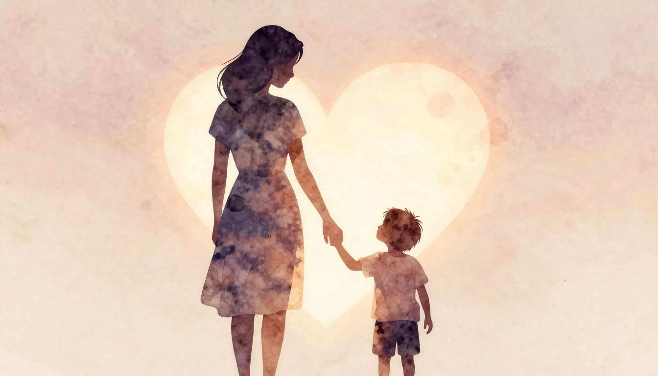 Watercolor style. A silhouette of a mother holding her child...