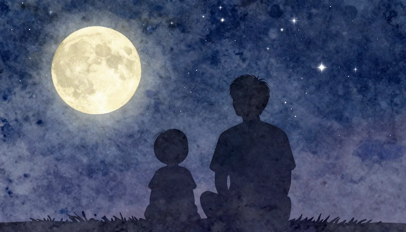 Watercolor style. A silhouette of a parent and a child looki...