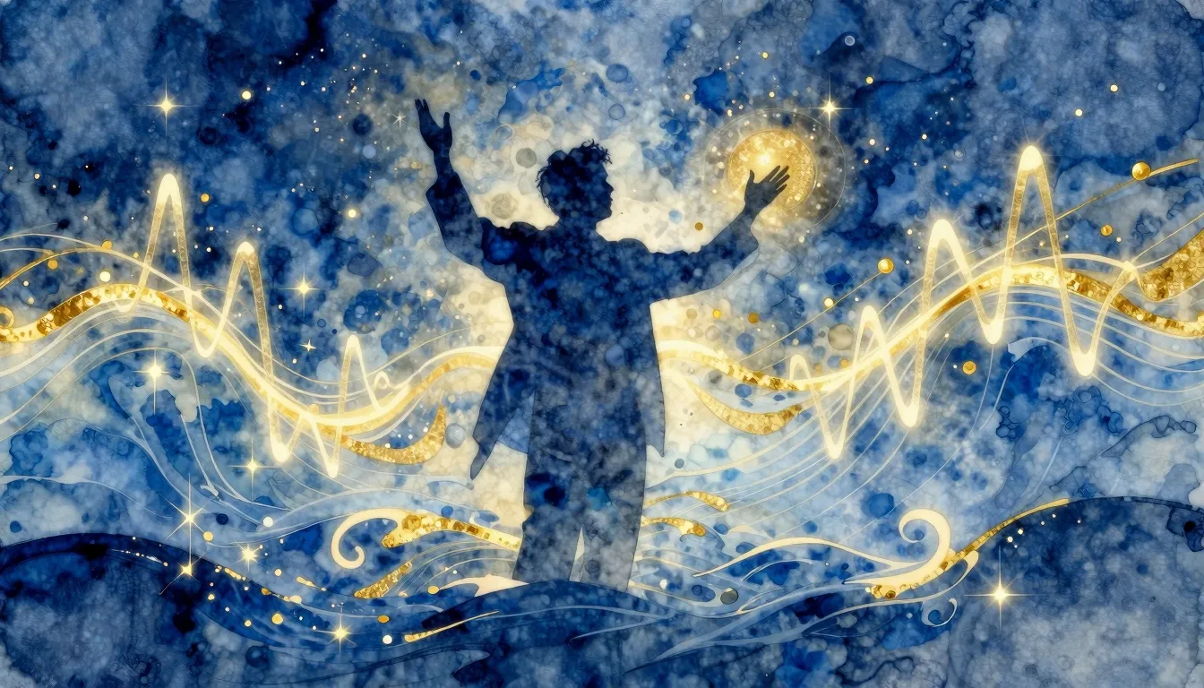 Watercolor style. A majestic silhouette of a musician conduc...