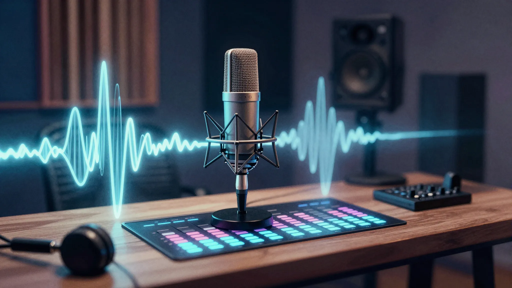 Watercolor style. A neon-lit recording studio desk with a fu...