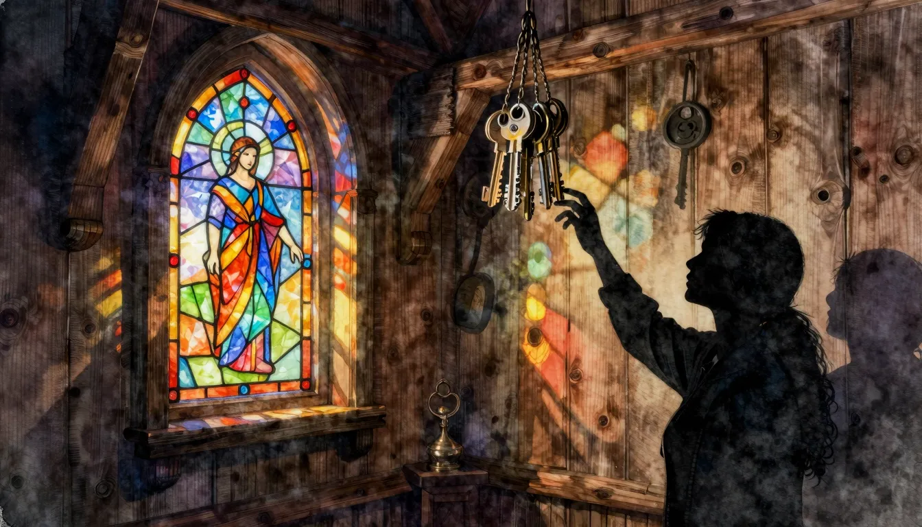 Watercolor style. A mysterious wooden house interior with a ...