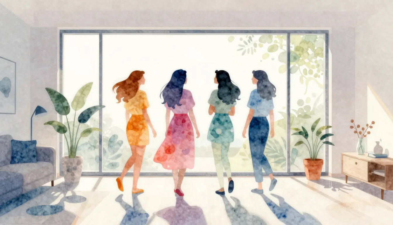 Watercolor style. Silhouette of happy girls in a bright, min...