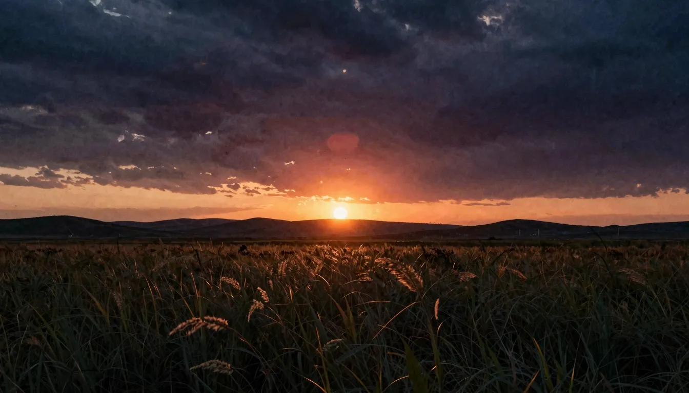 Watercolor style. A dramatic sunset over a vast steppe, dark...