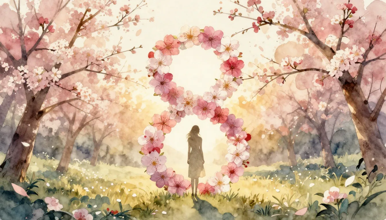Watercolor style. Silhouette of a woman standing in a bloomi...