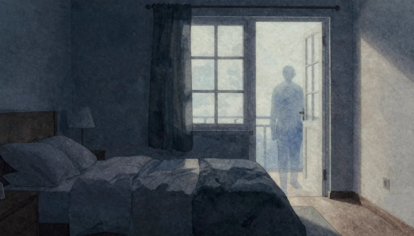 Watercolor style. A dark bedroom at 6 AM, soft blue morning ...