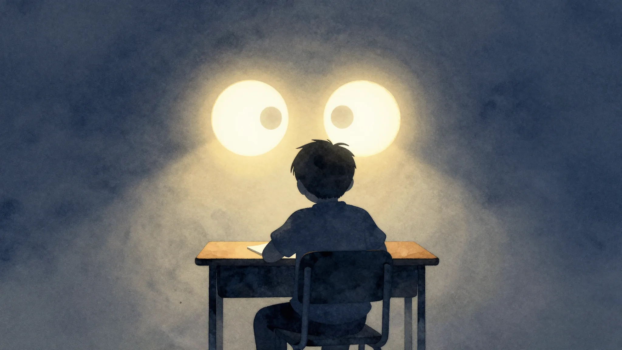 Watercolor style. A small silhouette of a child sitting at a...