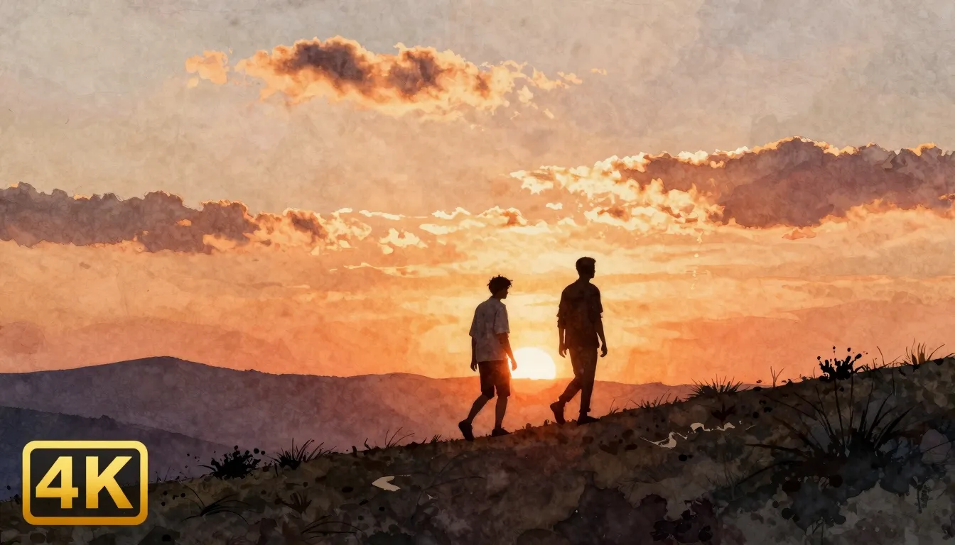 Watercolor style. Silhouette of 2 men walking on a hill at s...