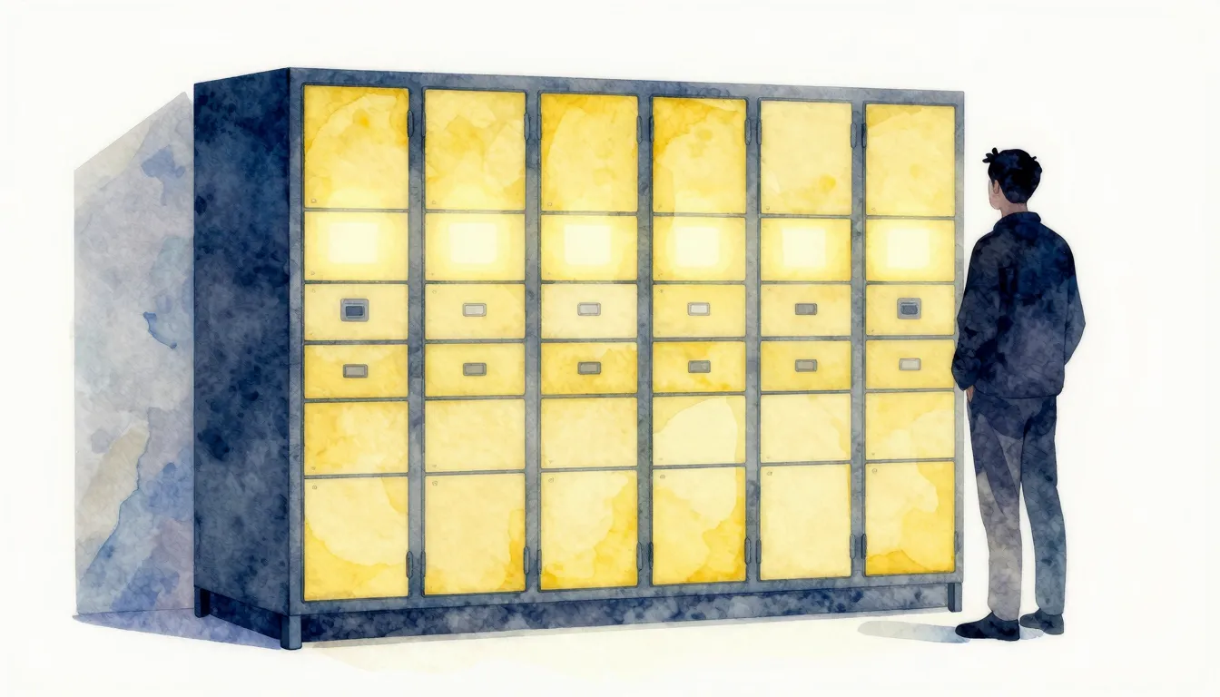 Watercolor style. A stylized delivery locker with glowing co...