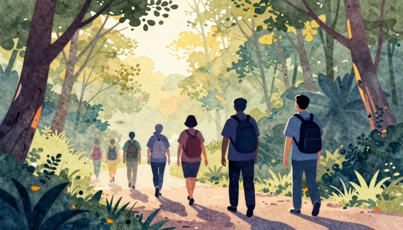 Watercolor style. Silhouettes of active seniors with backpac...