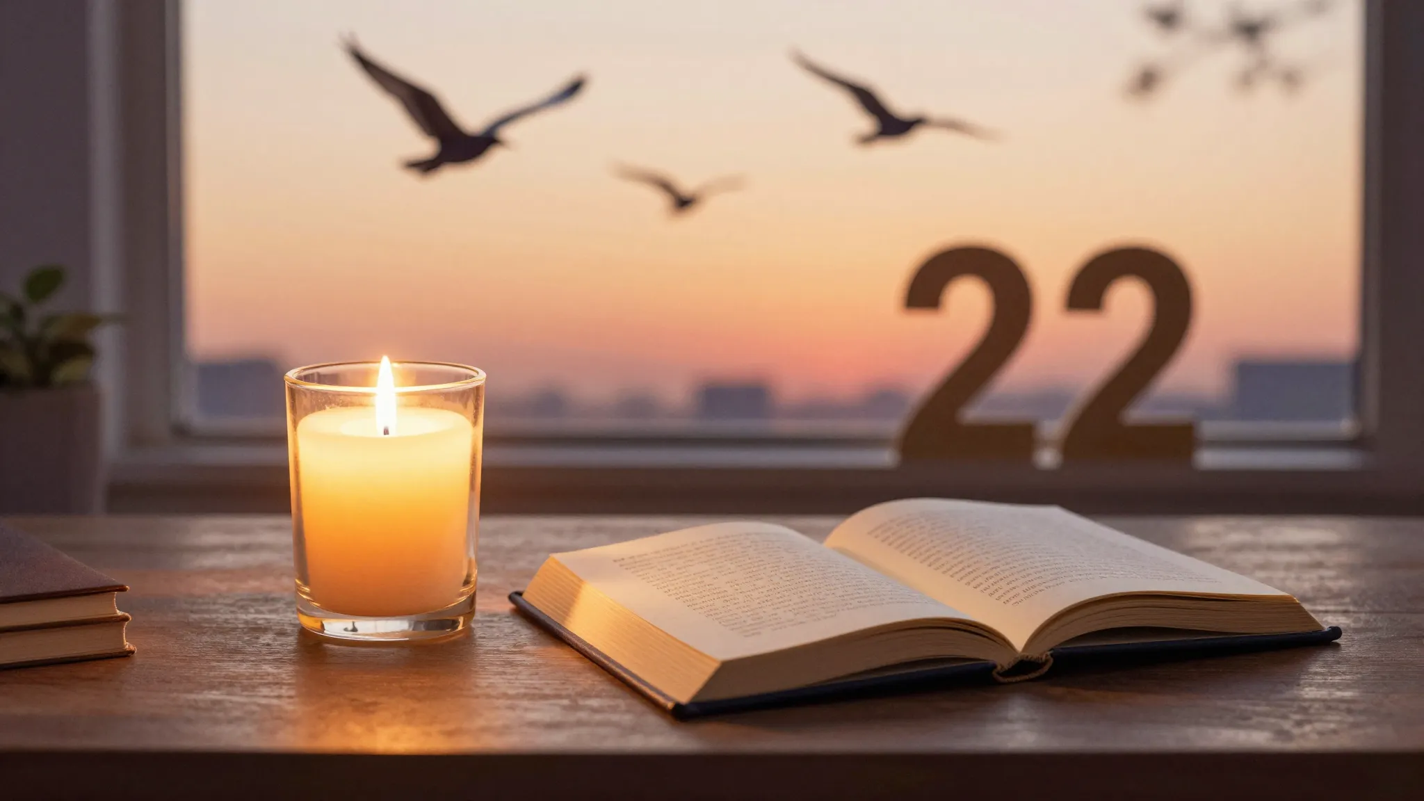 Watercolor style. A glowing candle on a desk with an open bo...