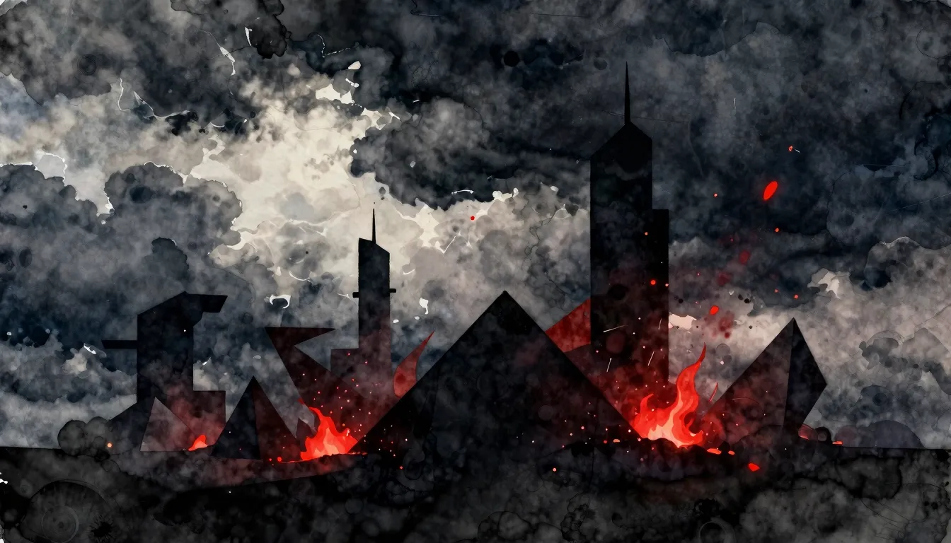 Watercolor style. Dark stormy sky, abstract geometric silhou...