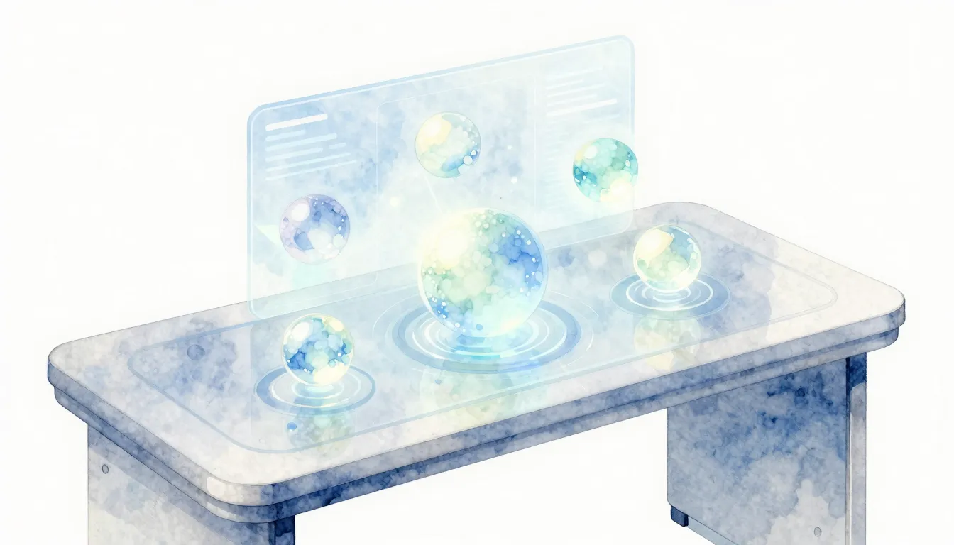 Watercolor style. A futuristic desk with a holographic inter...