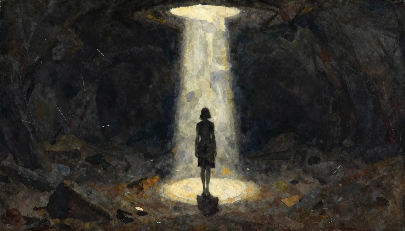 Watercolor style. A silhouette of a woman stands before a va...