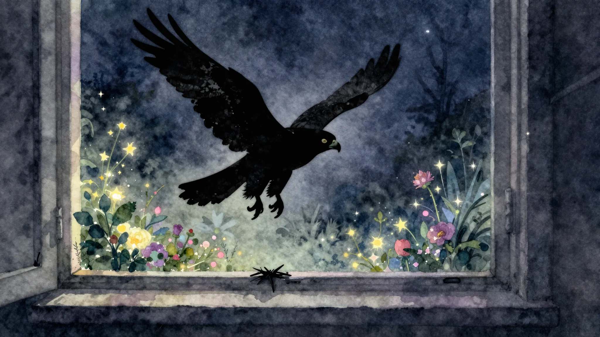 Watercolor style. Silhouette of a falcon flying towards a wi...