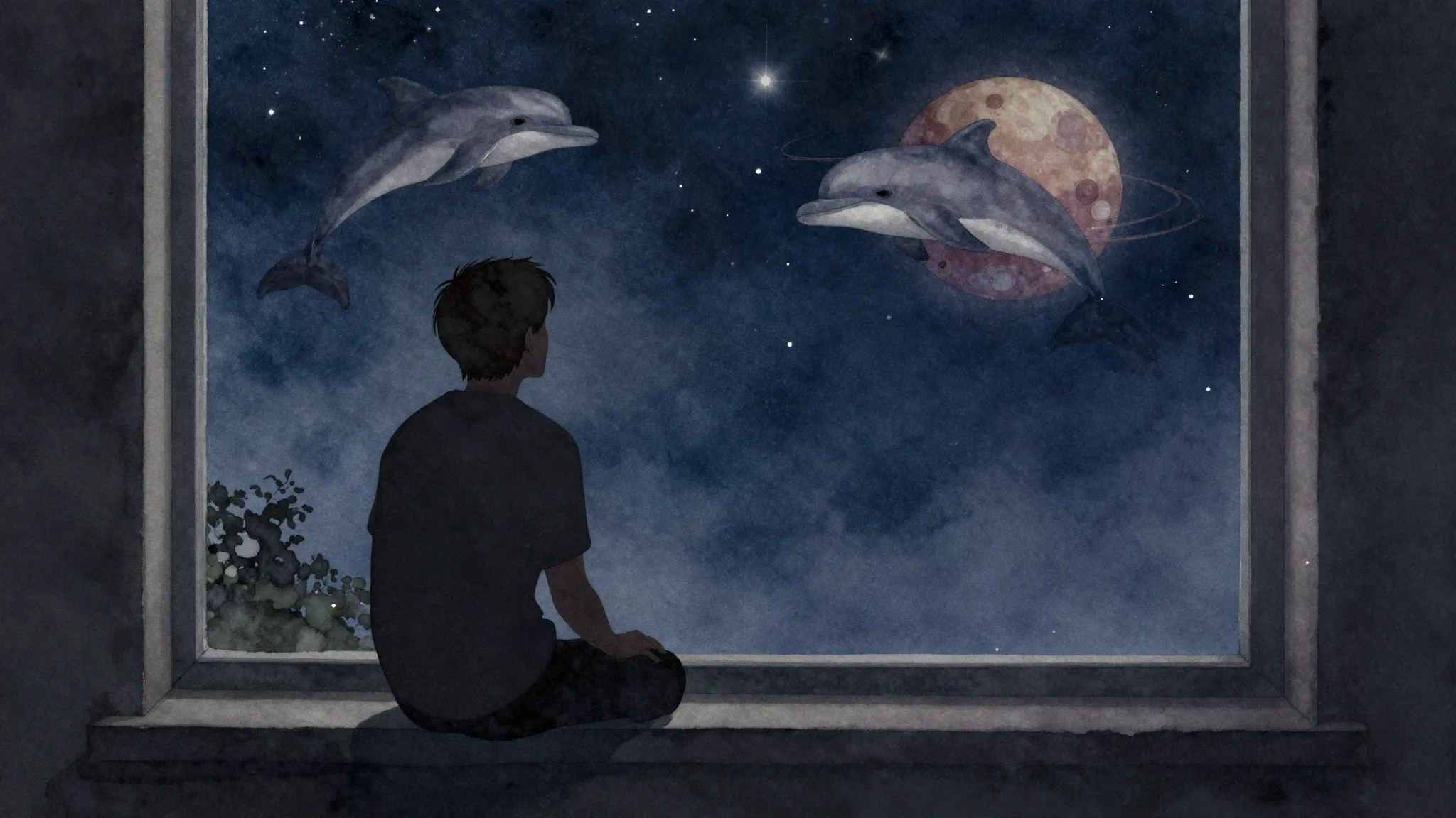 Watercolor style. A silhouette of a man sitting by a window ...