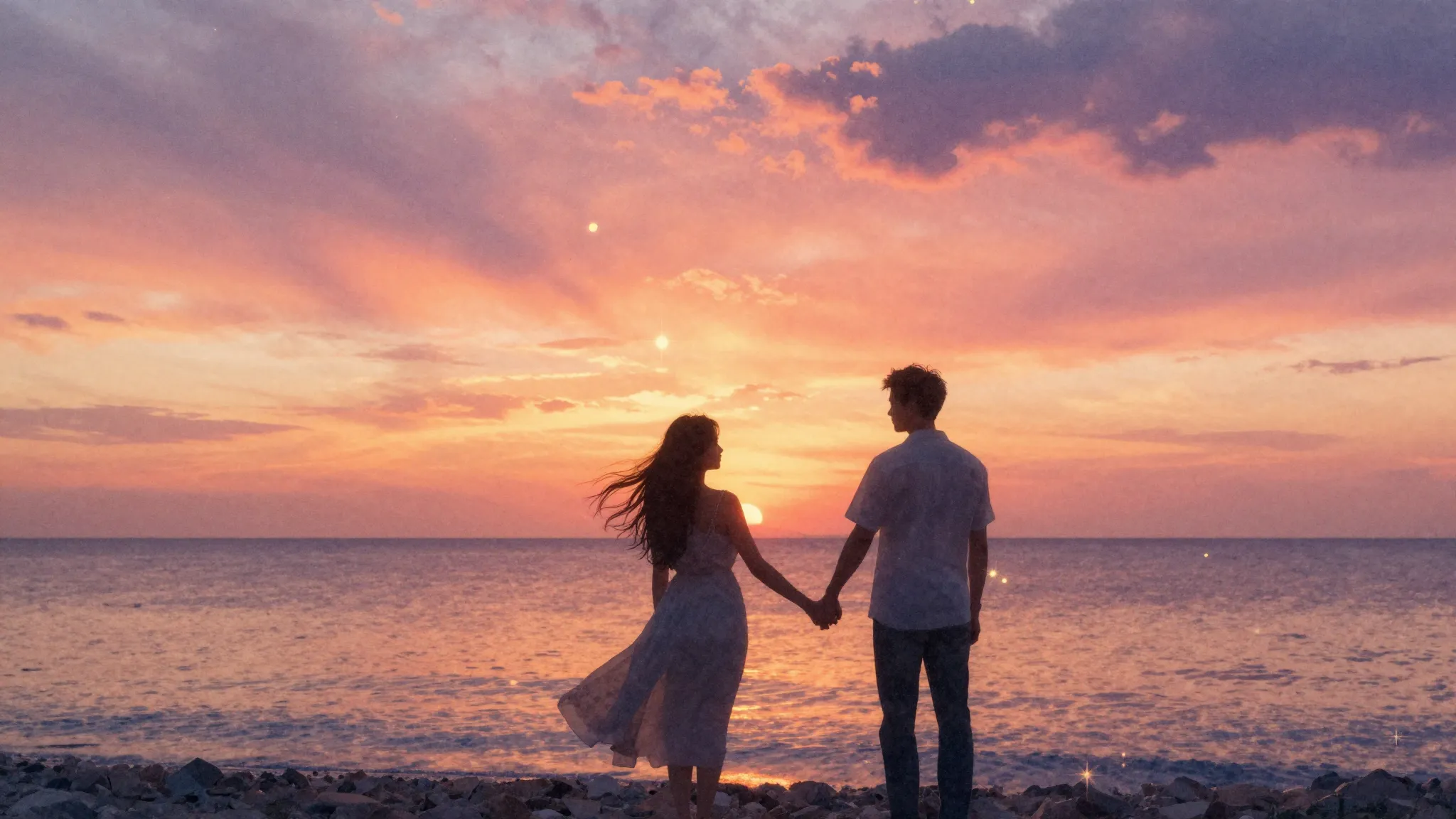 Watercolor style. A romantic sunset over a calm ocean, two s...