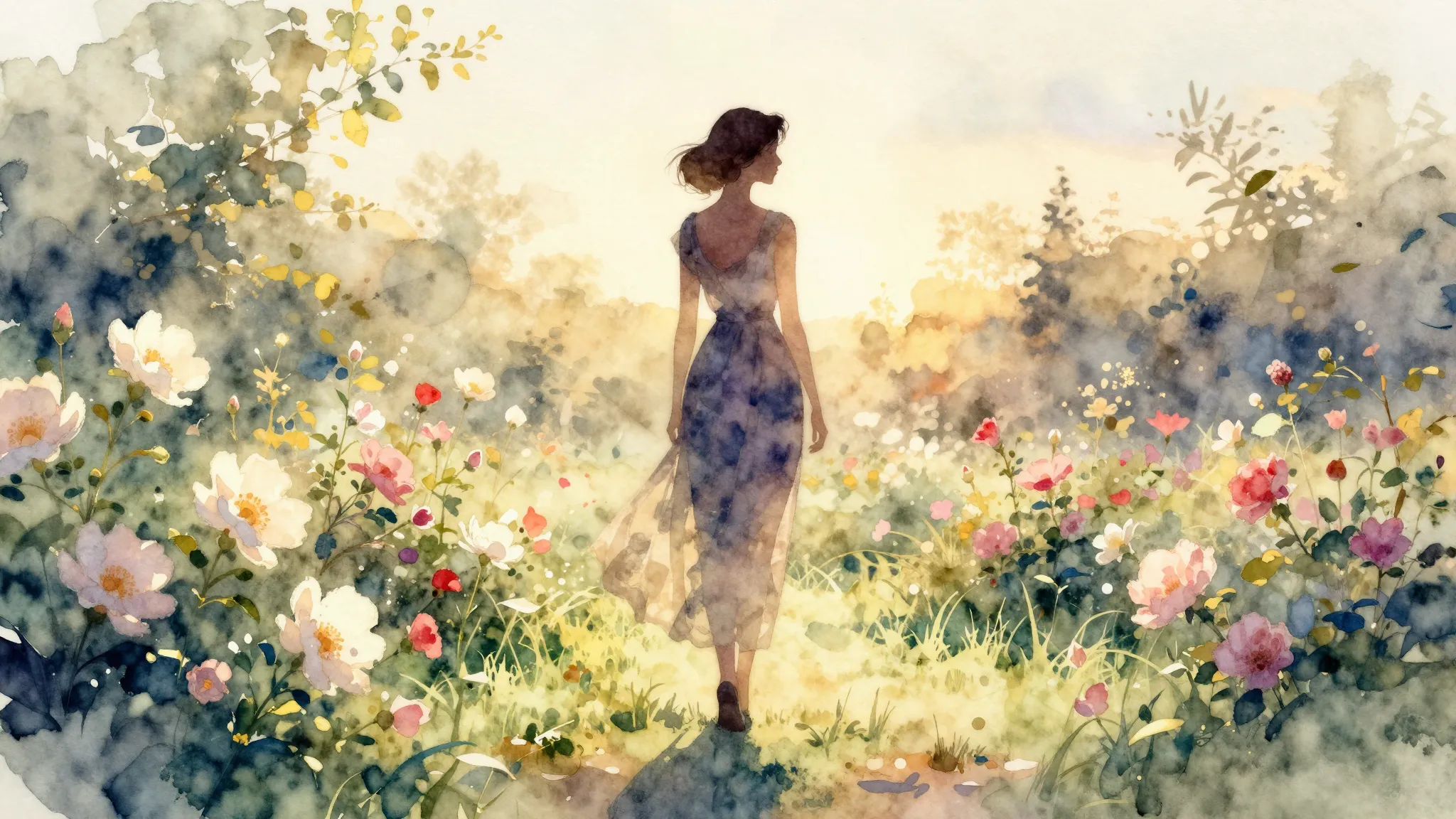 Watercolor style. A silhouette of a woman standing in a sunl...