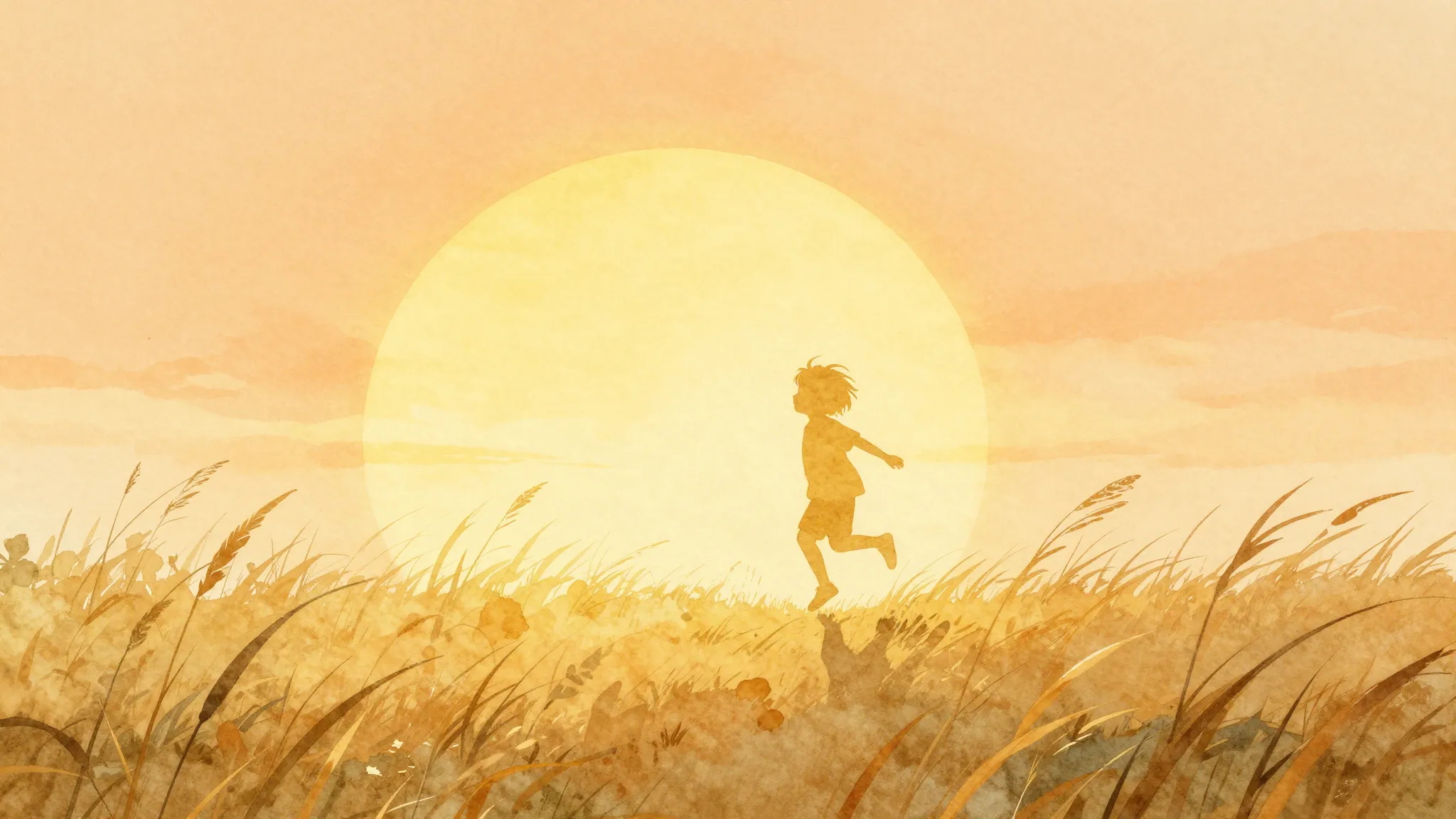 Watercolor style. A golden silhouette of a small child jumpi...