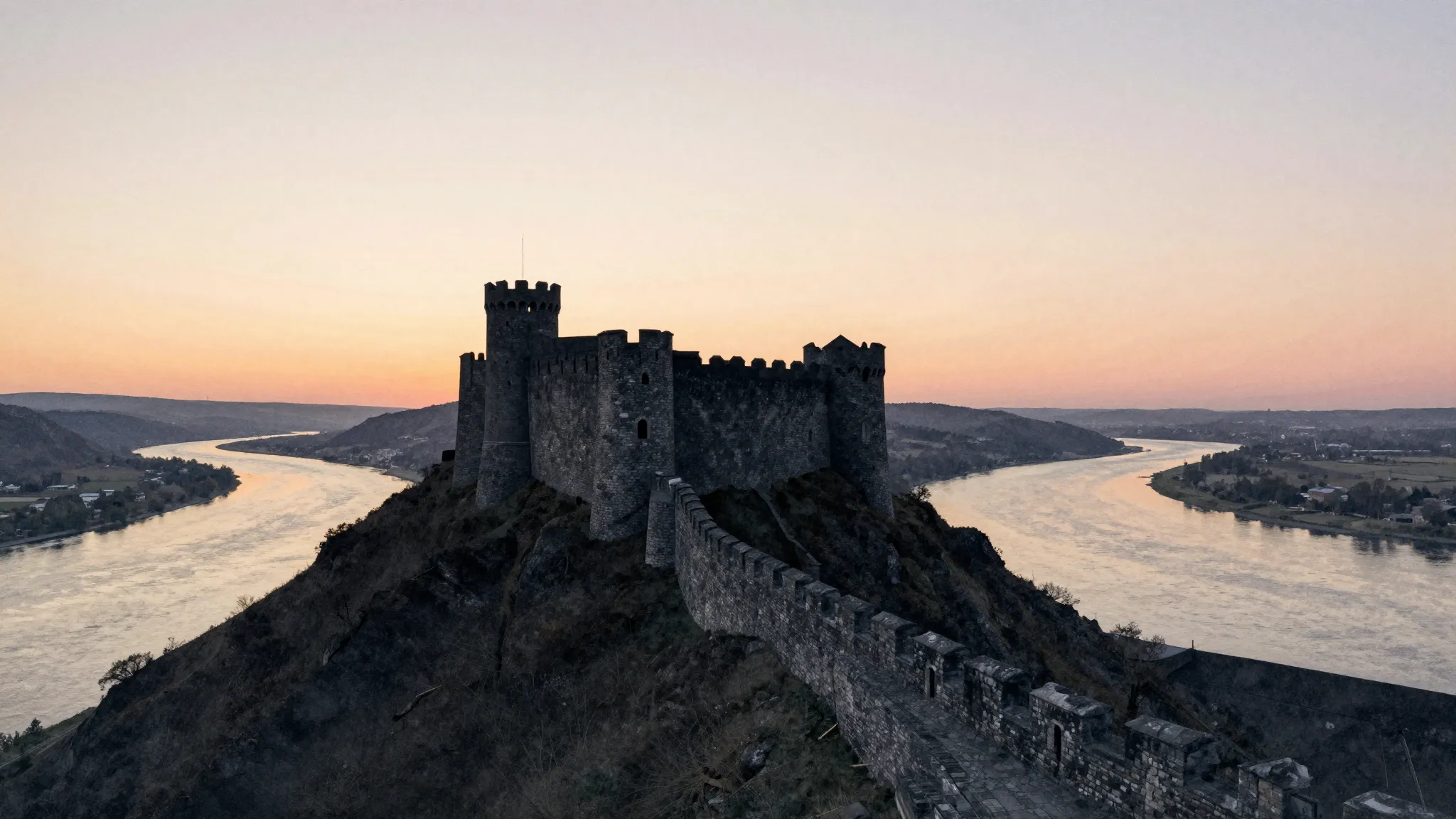 Watercolor style. Silhouette of a medieval stone fortress on...