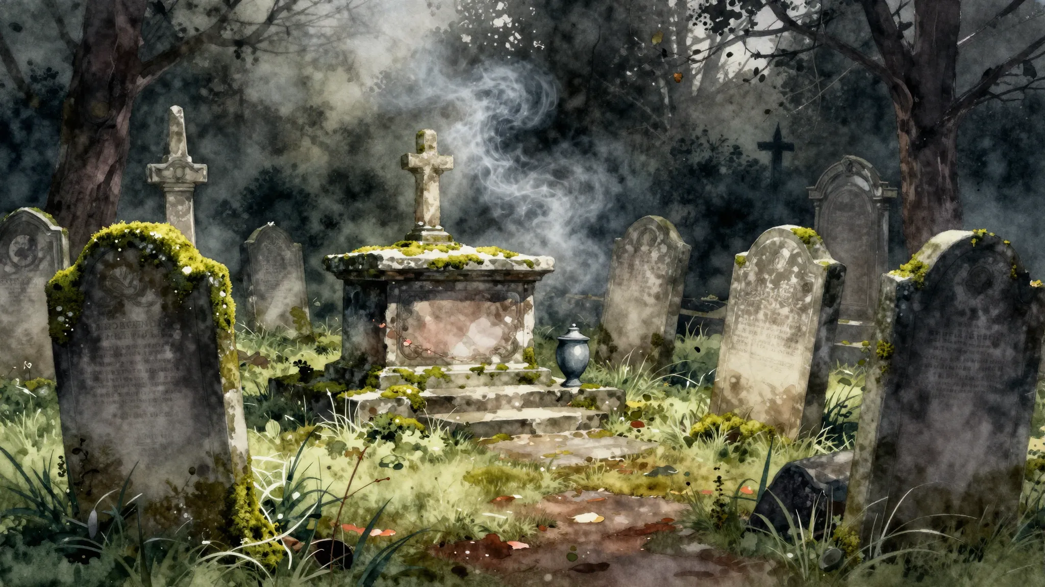 Watercolor style. A dark, ancient cemetery with mossy tombst...