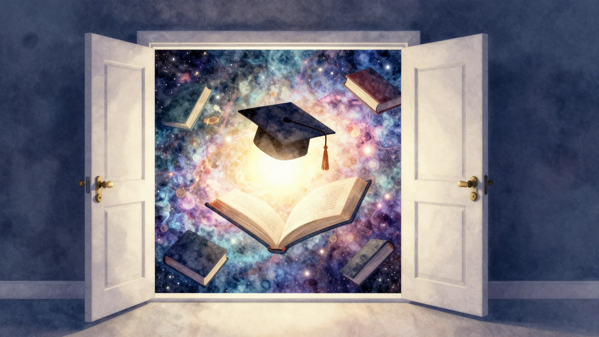 Watercolor style. A stylized open door leading to a bright, ...