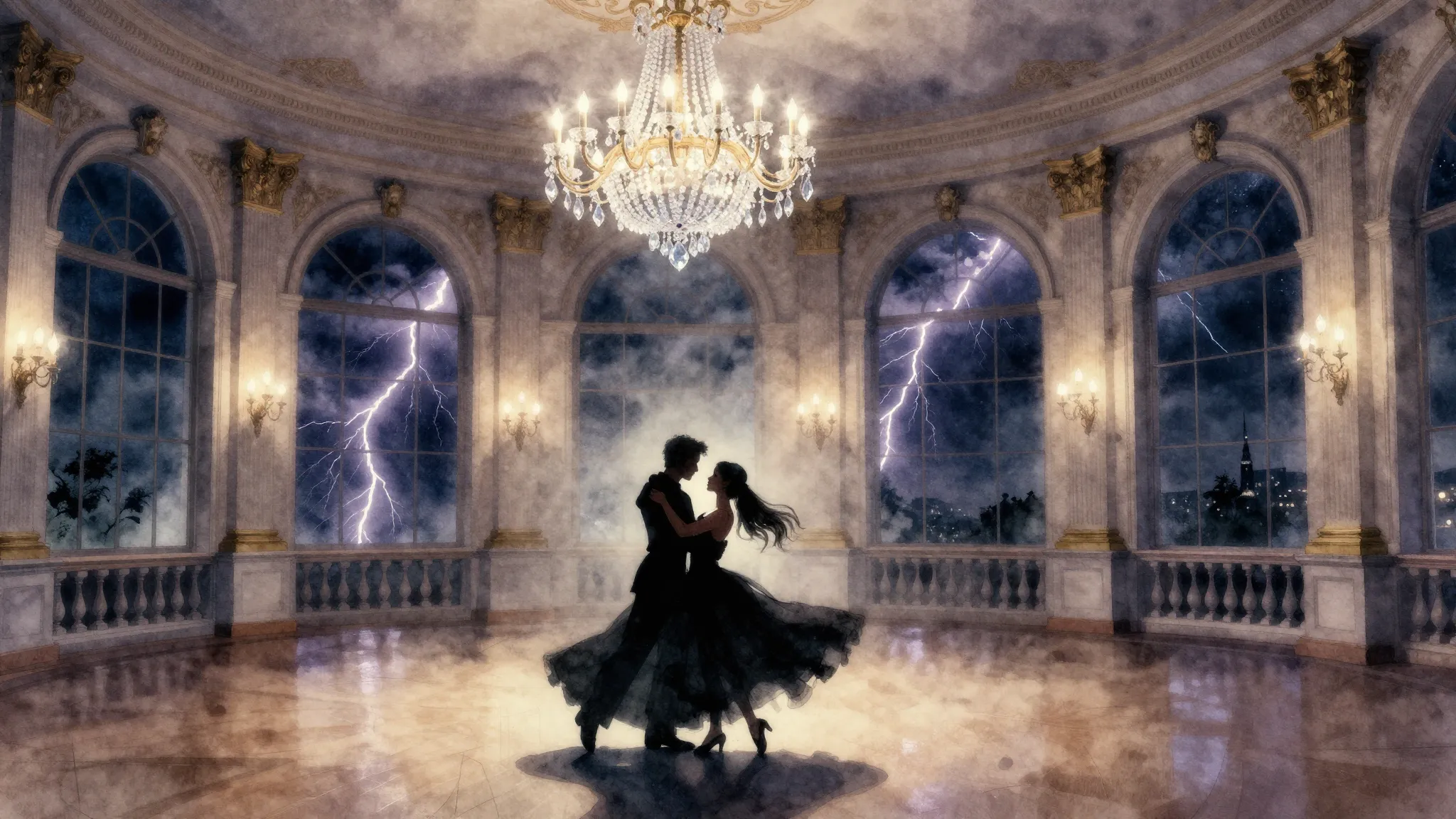 Watercolor style. A silhouette of a dancing couple in a gran...