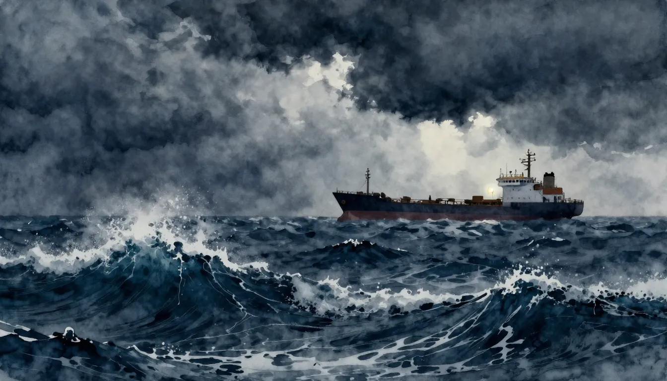 Watercolor style. Dark ocean waves crashing, stormy sky, dee...