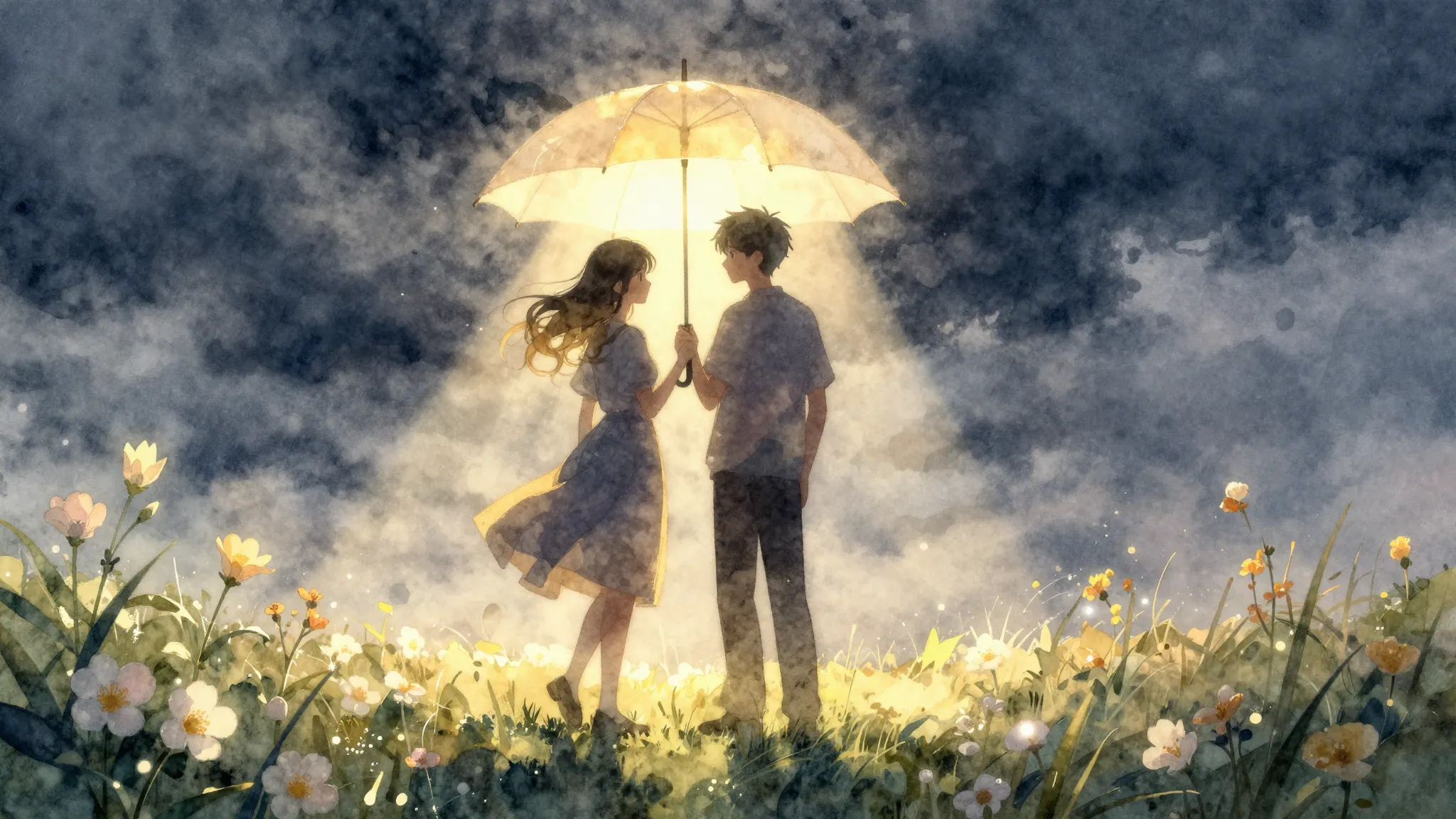 Watercolor style. Silhouette of two friends standing togethe...
