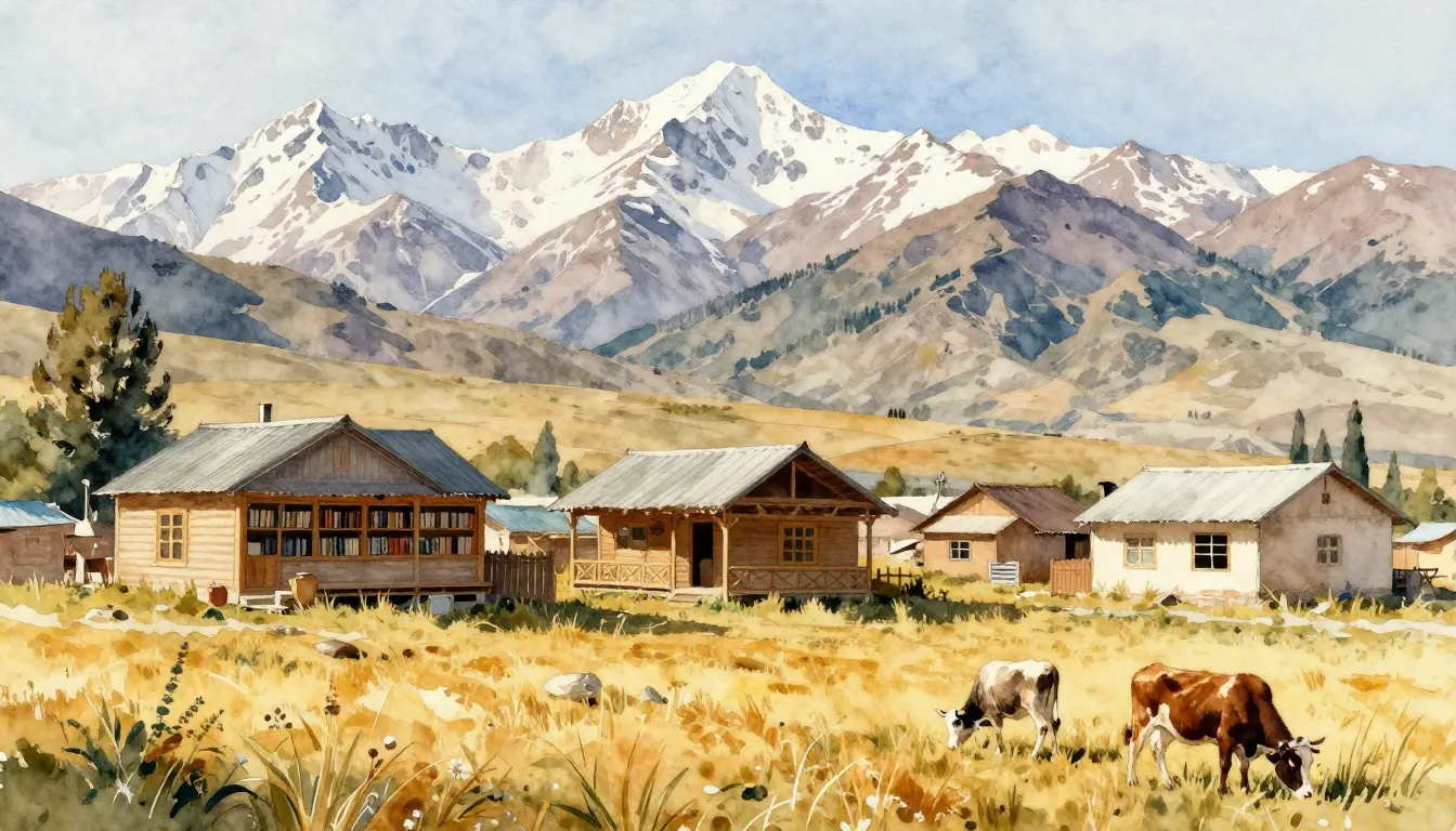 Watercolor style. A peaceful rural scene in Tajikistan, a co...