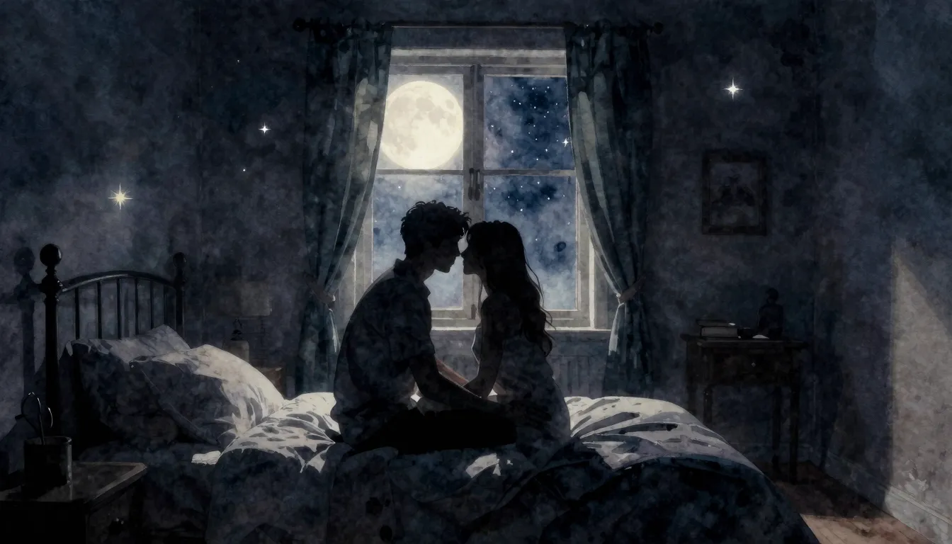 Watercolor style. Silhouette of a couple in a bedroom, moonl...