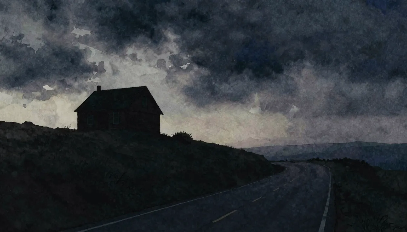 Watercolor style. A silhouette of a lonely house on a hill, ...