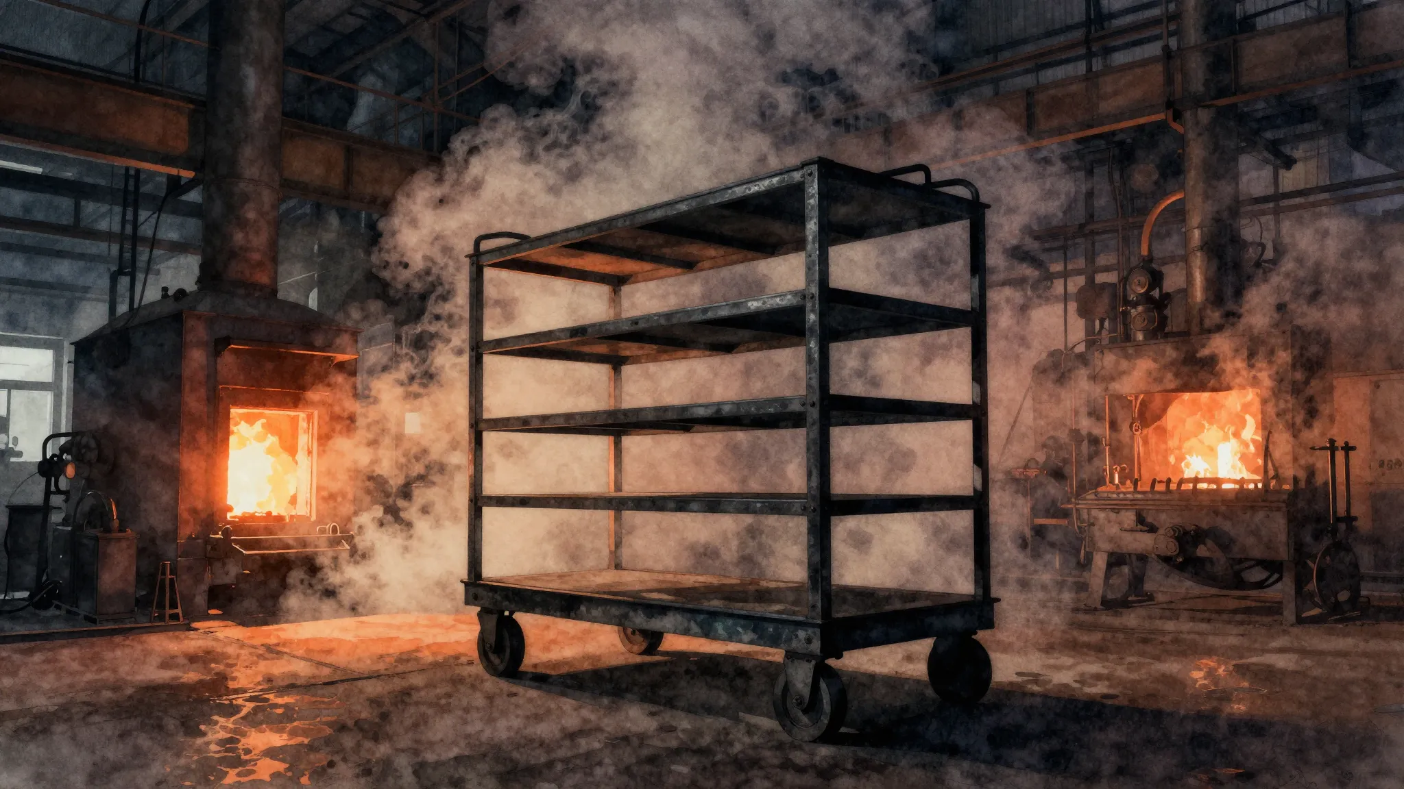 Watercolor style. Industrial factory interior, silhouette of...