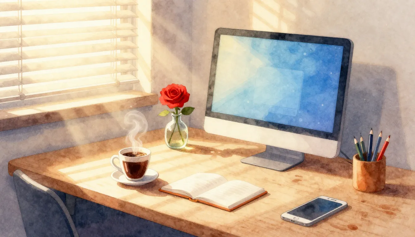 Watercolor style. A cozy office desk with a cup of coffee, a...