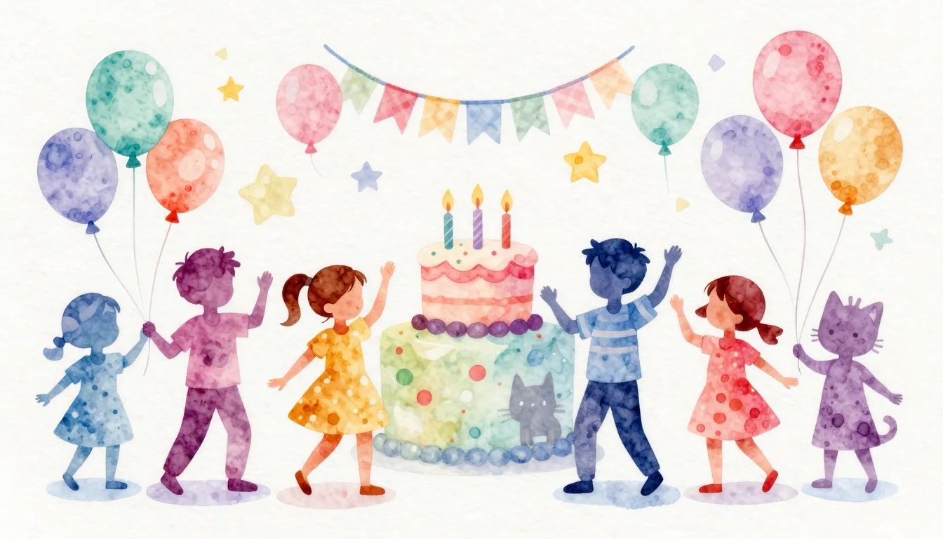 Watercolor style. A bright colorful birthday party scene wit...