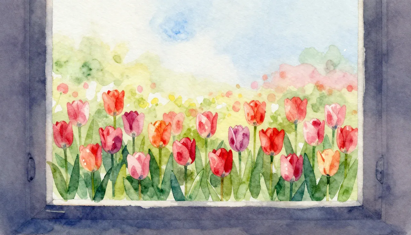 Watercolor style. A silhouette of a window frame overlooking...