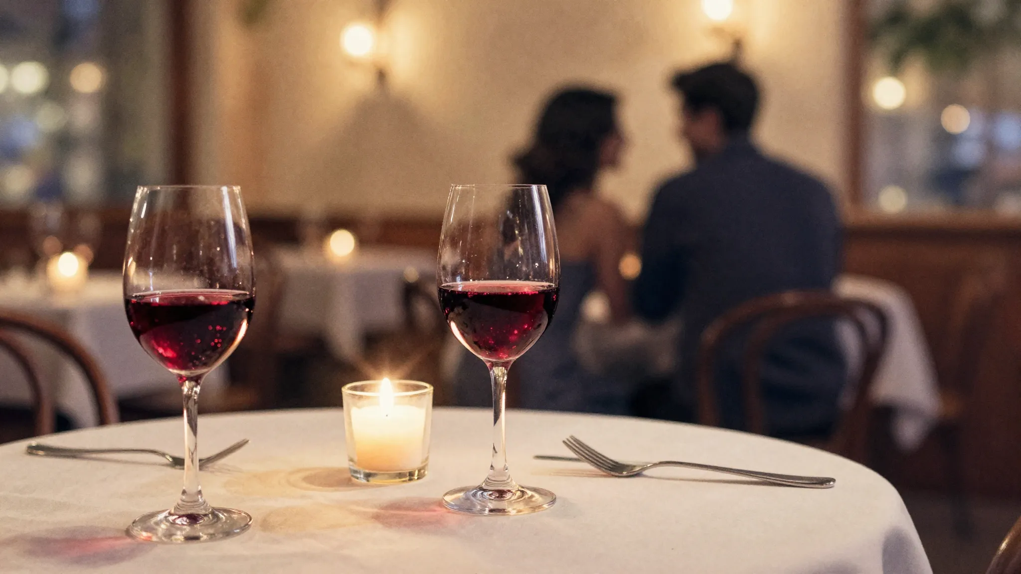 Watercolor style. A cozy restaurant table at night, two glas...