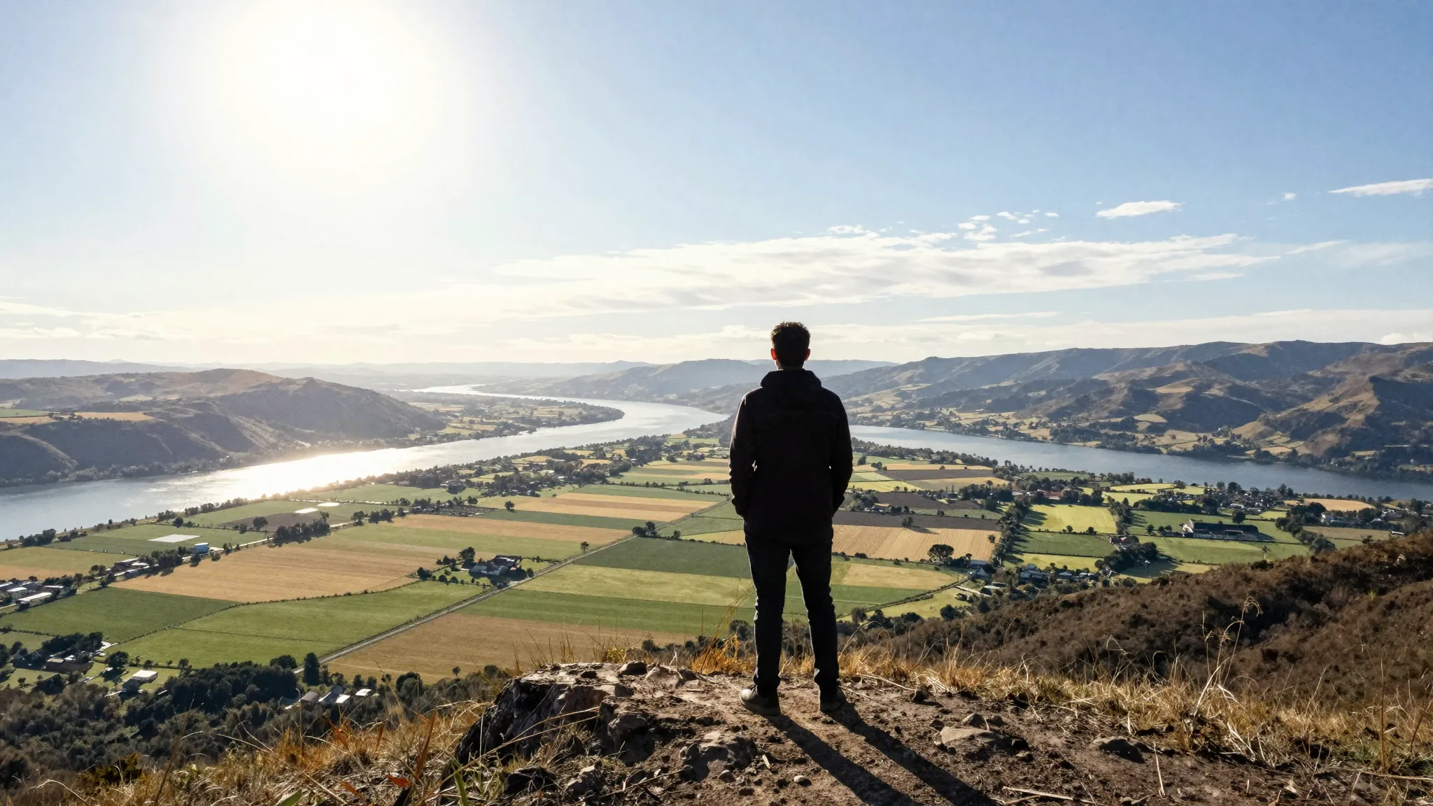 Watercolor style. Silhouette of a person standing on a hill ...