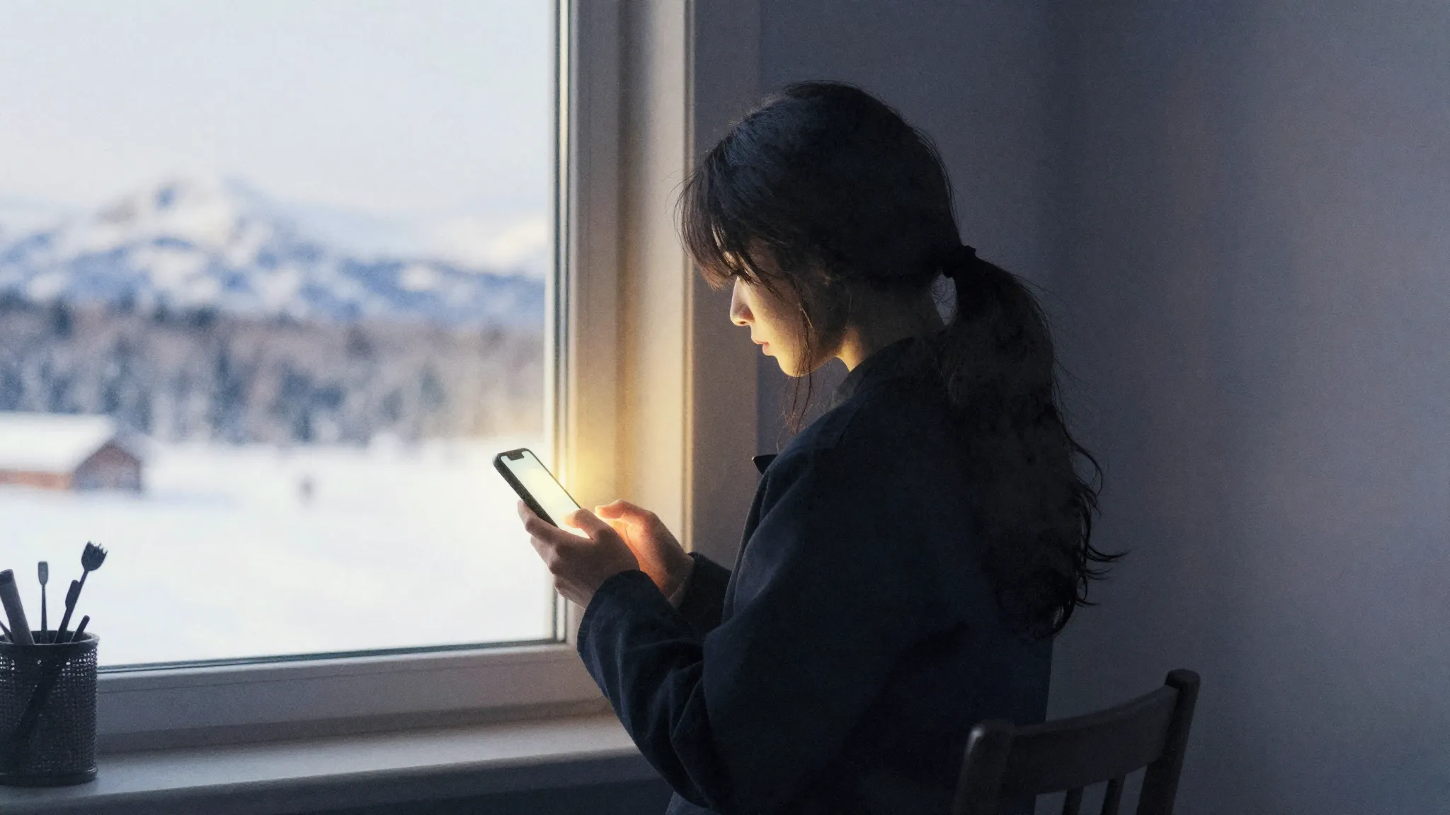 Watercolor style. A lonely silhouette of a woman looking at ...
