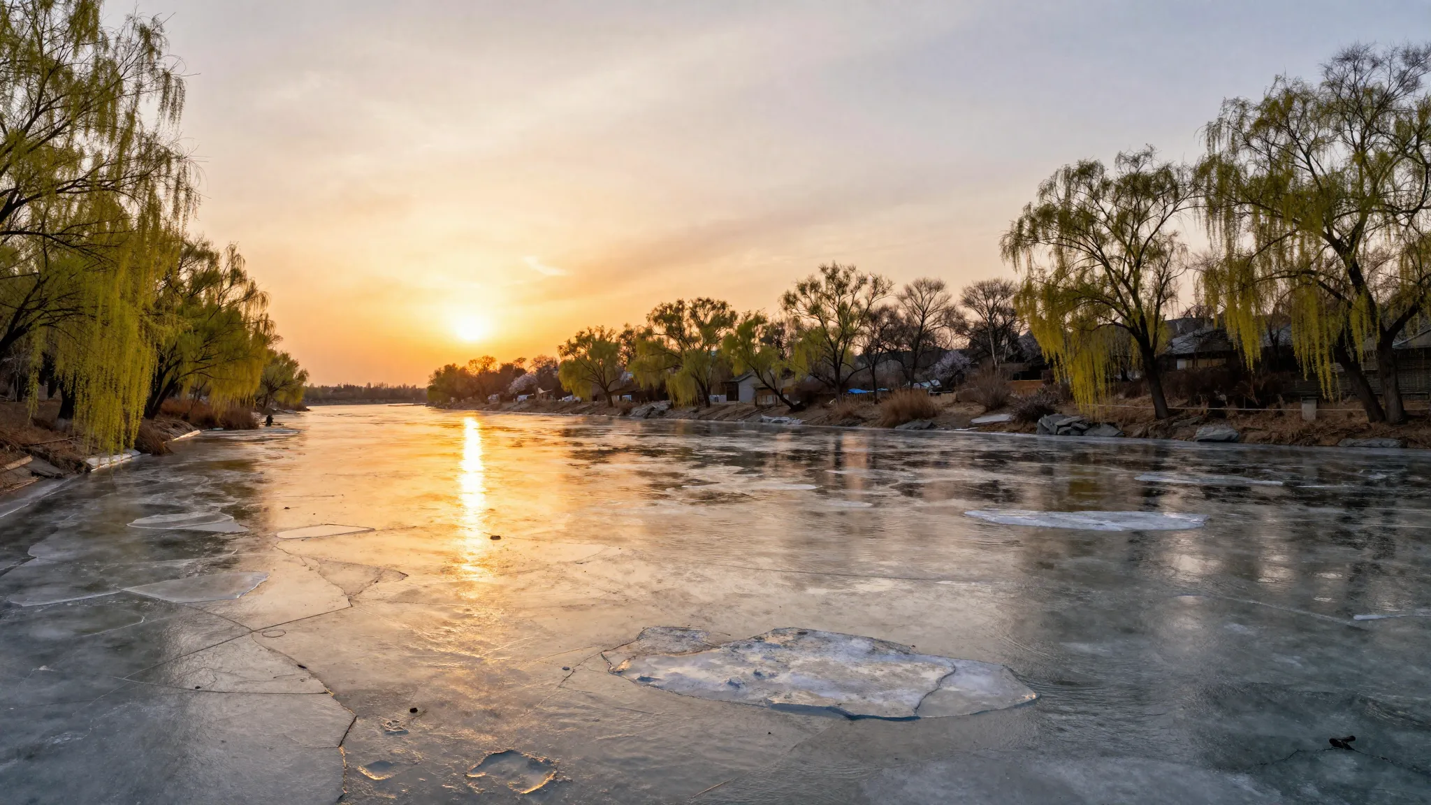 Watercolor style. A breathtaking spring sunset over a wide r...