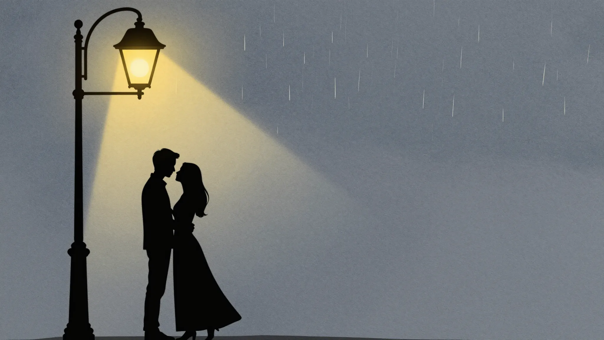 Watercolor style. Silhouette of a couple embracing under a w...