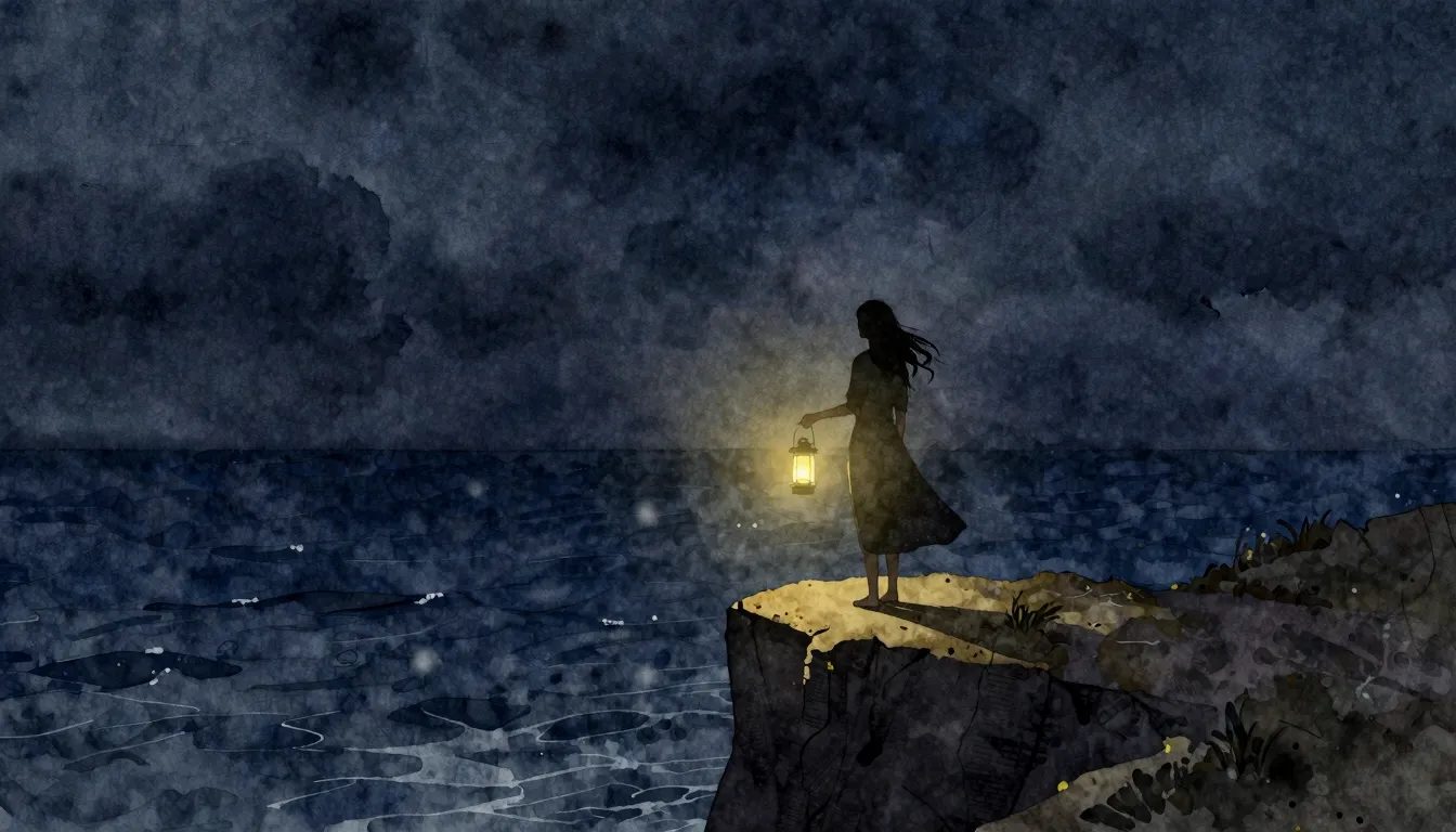 Watercolor style. A silhouette of a woman standing on a high...
