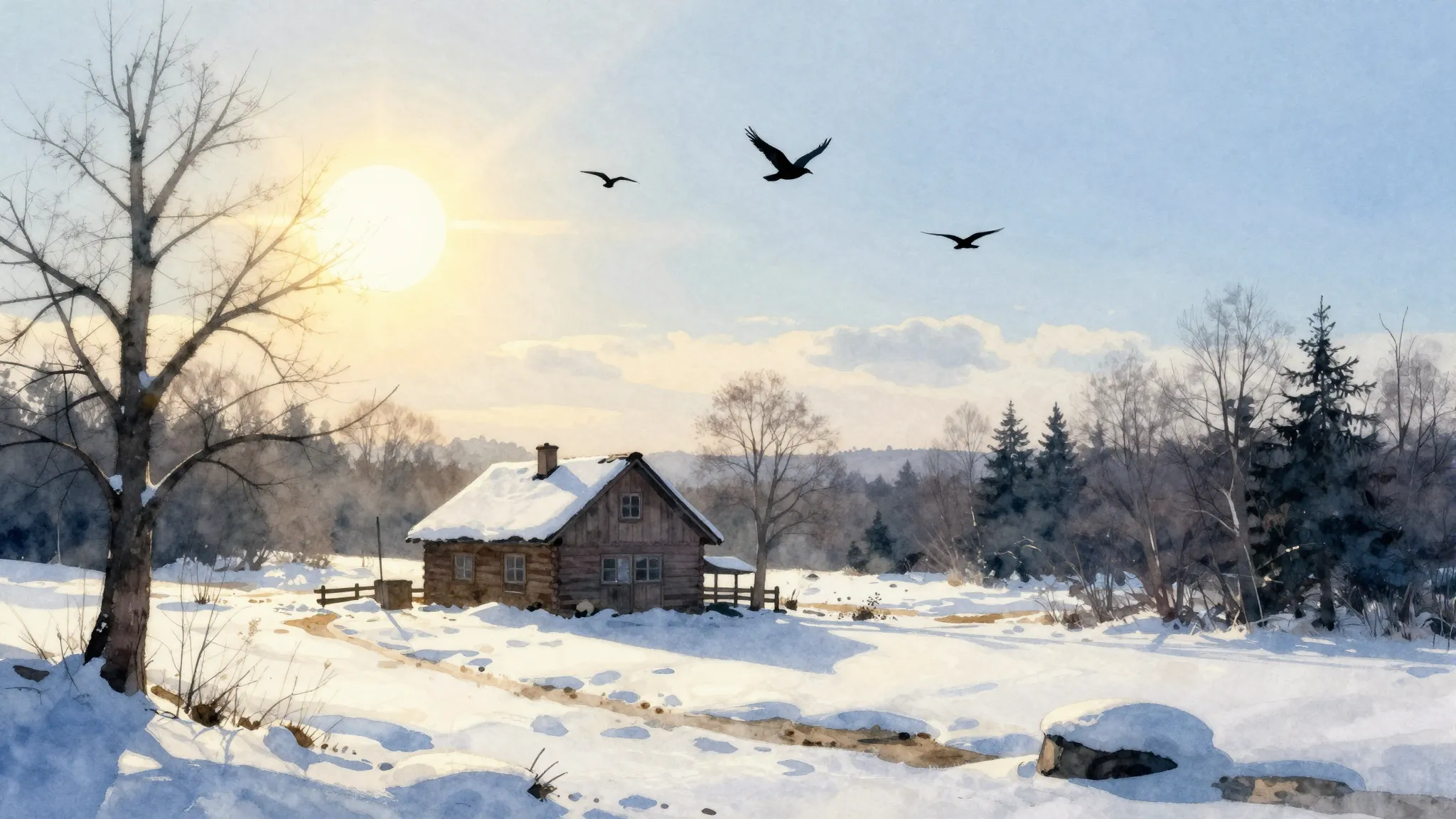 Watercolor style. A beautiful spring morning landscape, melt...