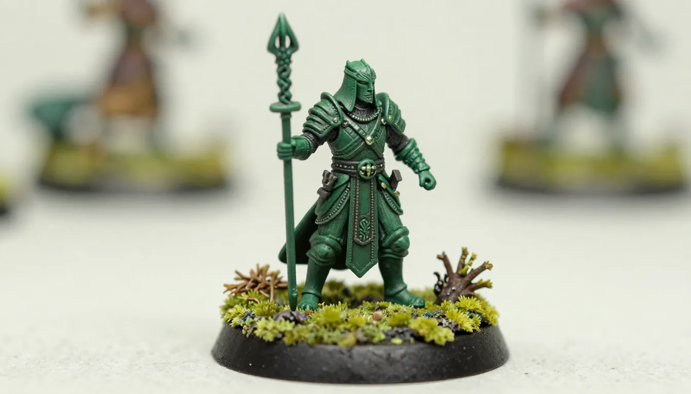 Watercolor style. Macro shot of a fantasy miniature warrior ...