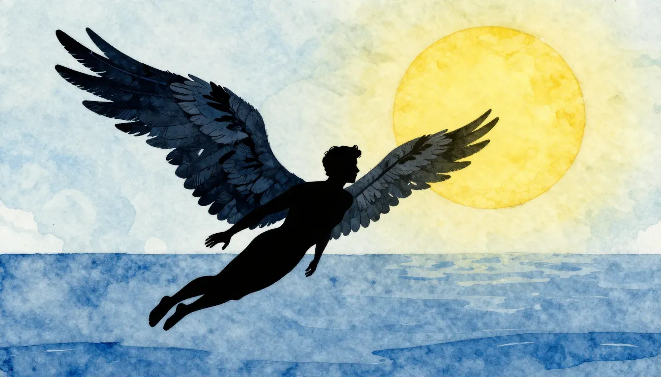 Watercolor style. Silhouette of a young man with large wings...